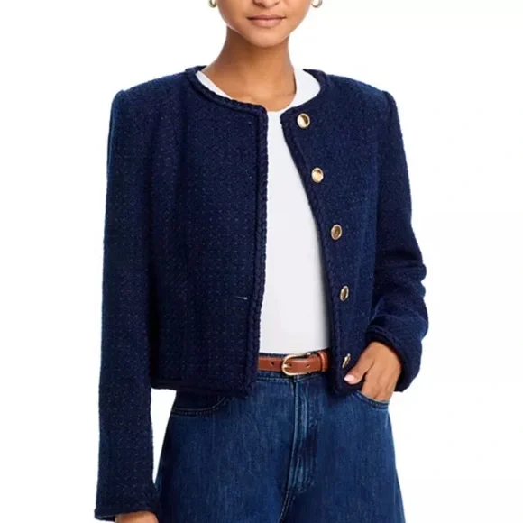 Aqua Navy Blazer Women’s Medium Tweed Jacket Gold Button Classic Chic - Picture 1 of 11